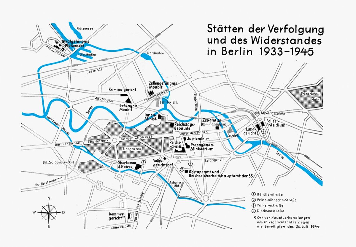 Gezeichneter Stadtplan mit der Überschrift „Stätten der Verfolgung und des Widerstandes in Berlin 1933-1945“ und darauf markierten Standorten.