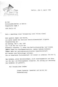 Schreibmaschinenschreiben der Berliner Geschichtswerkstatt an die Polizei mit der Anmeldung einer öffentlichen Versammlung nahe dem Martin-Gropius-Bau. Das geplante Gedenken trägt den Titel „Ende der nationalsozialistischen Gewaltherrschaft“