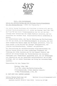 Flugblatt des Aktiven Museums und der Berliner Geschichtswerkstatt zur Aktion „Nachgegraben“ am 5. Mai 1985 bei den früheren Gestapo-Kellern. Es ruft zur Teilnahme an einer „Erinnerungaktion“ an NS-Widerstandskämpfer und die Geschichte des Geländes auf.